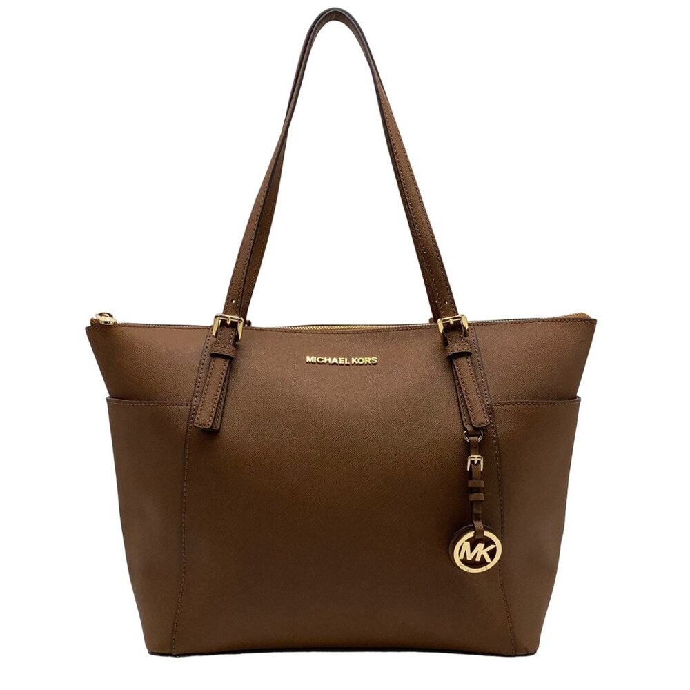 Michael Kors Tan Crosshatch Leather East West Zipper Top Jet Set Tote